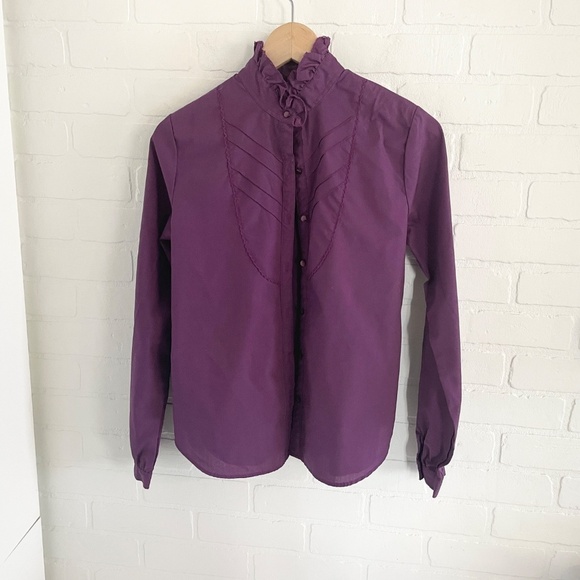 Vintage 80s Blouse Ruffled High Neck Pleated front Goth Victorian Feminine Sz 10 - Picture 2 of 9